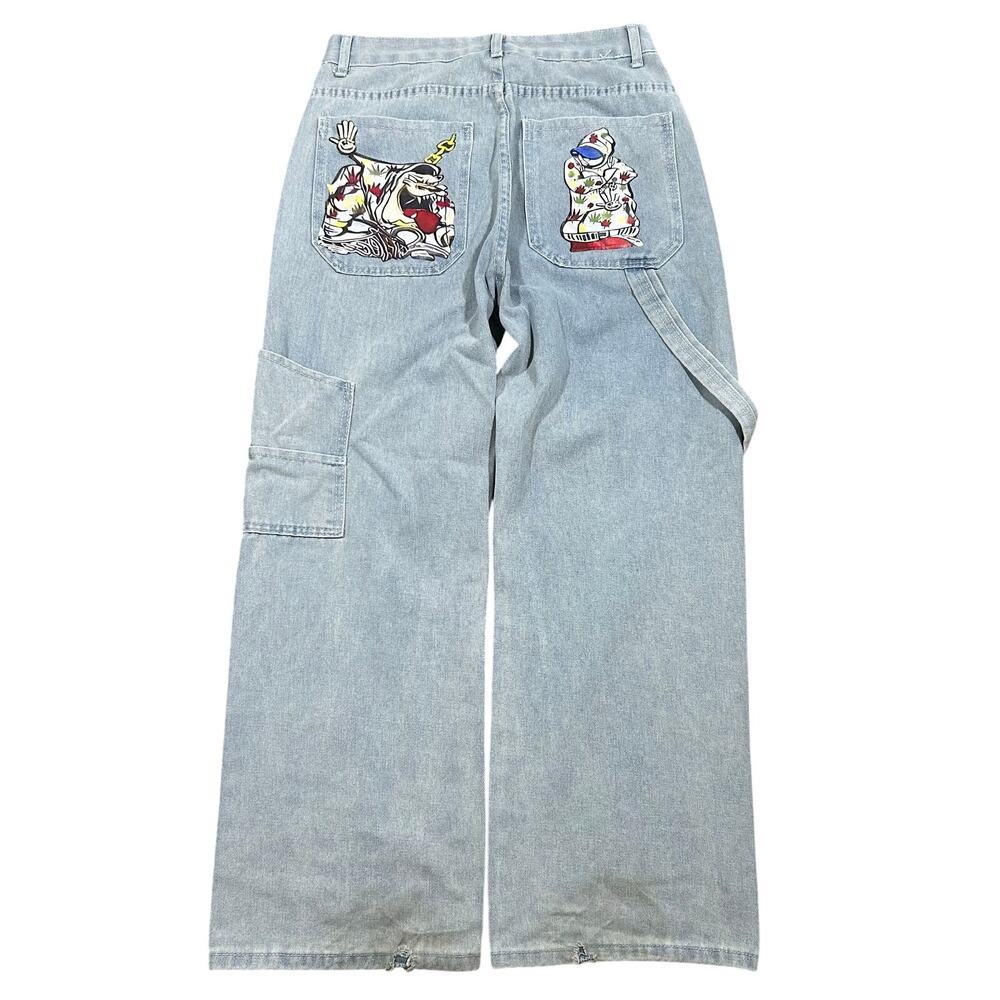 Y2K Style Baggy Jeans 32x28 Hip Hop Wide Leg Denim Pants Light Wash Denim